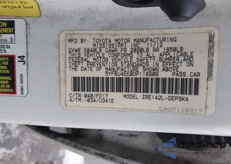 2013 Toyota Corolla S/Le из США, поврежденный, VIN 5YFBU4EE0DP118909